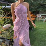 Ruffled halter neck multi-layered maxi dress