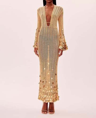 Women Long Sleeves Deep-V Neck Sequin Knitted Maxi Dress