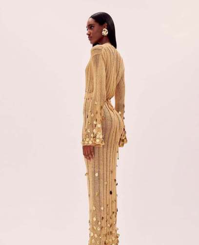 Women Long Sleeves Deep-V Neck Sequin Knitted Maxi Dress