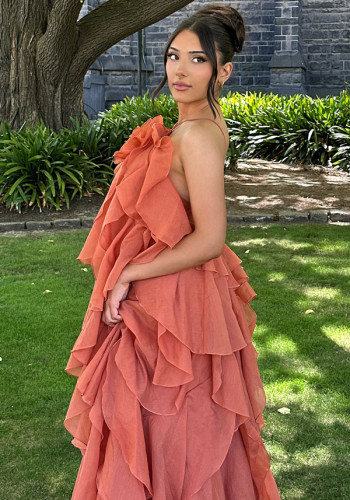 3D floral halter neck ruffled maxi dress