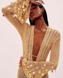 Women Long Sleeves Deep-V Neck Sequin Knitted Maxi Dress