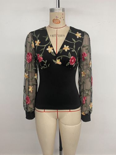 V-neck sheer embroidered patchwork long-sleeved T-shirt for women