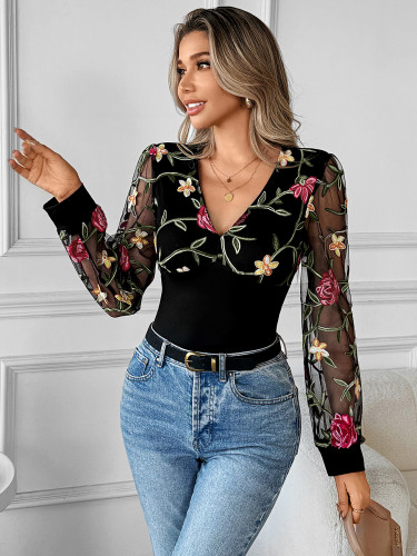 V-neck sheer embroidered patchwork long-sleeved T-shirt for women