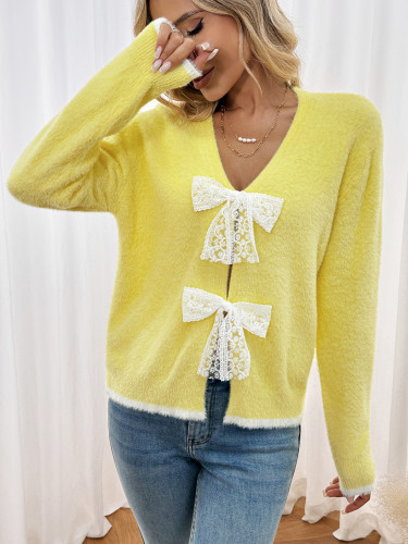 Sweet pullover knitted V-neck bow sweater for women