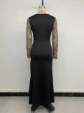 Retro long dress embroidery long sleeves black maxi dress