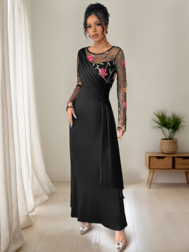 Retro long dress embroidery long sleeves black maxi dress