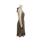 Women's Floral Print Pleated Sexy Sleeveless Halter Neck Dress