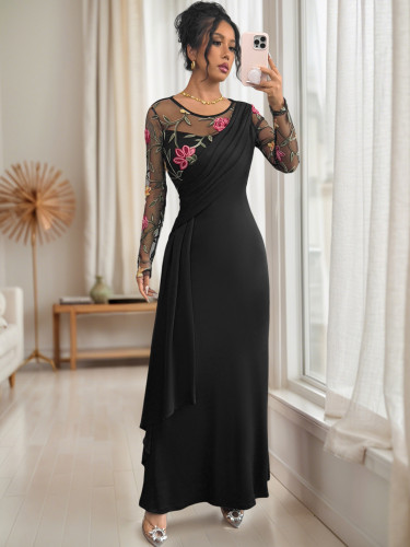 Retro long dress embroidery long sleeves black maxi dress