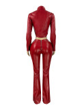 Women's Autumn Winter Stretch Leather Two Piece Pants Set