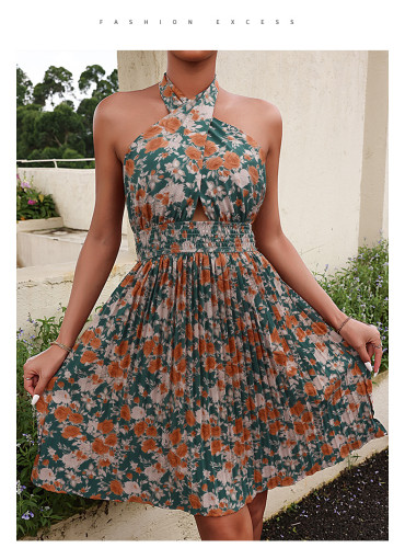 Women's Floral Print Pleated Sexy Sleeveless Halter Neck Dress