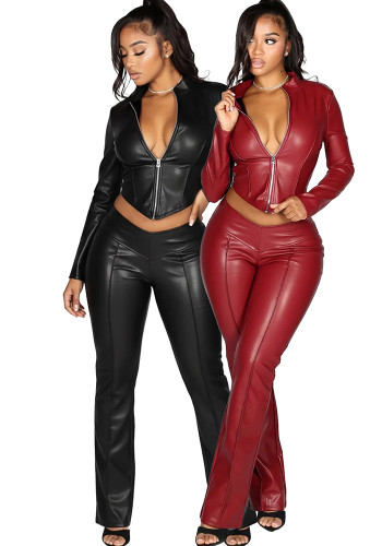 Women's Autumn Winter Stretch Leather Two Piece Pants Set