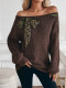 Off-the-shoulder retro knit sweater relaxed bow pullover for women