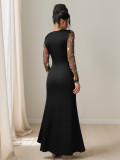 Retro long dress embroidery long sleeves black maxi dress