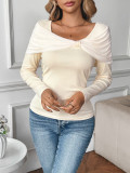 French-style patchwork top elegant slim-fit long-sleeved top for women.