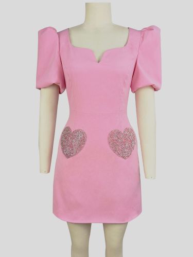 V-neck puff sleeve sequined pink women's dress