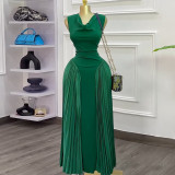 Sleeveless Pleated Elegant Slim Fit Long Dress