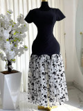 Round neck mesh floral patchwork long dress