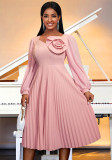 Elegant V-neck lantern sleeve pleated floral A-line plus size party dress