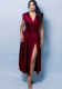Retro V-neck satin sleeveless floral burgunry evening dress