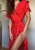 Slit tie-up ruffle backless polka dot red dress