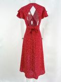 Slit tie-up ruffle backless polka dot red dress