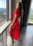 Slit tie-up ruffle backless polka dot red dress