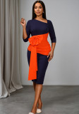 Asymmetrical neckline contrast color party dress mid-length sleeves pleated bow knot slim-fitting bodycon office dress