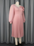 Elegant V-neck lantern sleeve pleated floral A-line plus size party dress