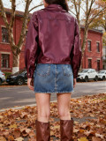 Burgundy PU Leather Jacket for Women
