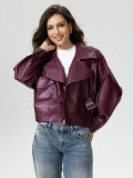 Burgundy PU Leather Jacket for Women