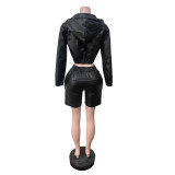 Women's Stretch Leather Jacket Shorts Two-Piece Set
