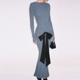 Solid color ruched waist belted long-sleeved dress for women