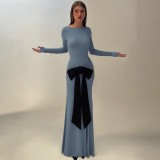 Solid color ruched waist belted long-sleeved dress for women