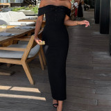 Wholesale off-shoulder black dress with back slit
