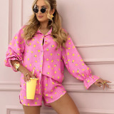 Fruit print resort style women's blouse and shorts two-piece set