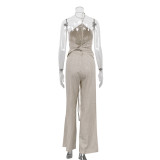 Striped sexy two-piece set halter neck top and wide-leg pants
