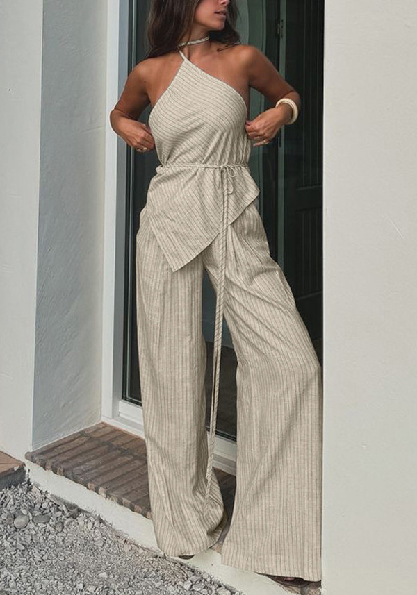 Striped sexy two-piece set halter neck top and wide-leg pants