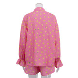 Fruit print resort style women's blouse and shorts two-piece set