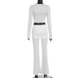 Women's Solid Color Sexy Long Sleeve Crop Top and Pants Set