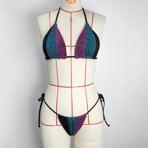 Sparkling Swimsuit Sexy Patchwork Bikini Beach Strappy Swimsuit Two-Piece Set