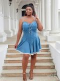 Plus Size Lace-Up Strap Denim Dress