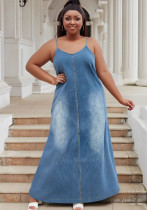 Plus Size Women Strappy Long Maxi Denim Dress