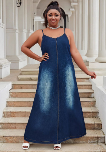 Plus Size Women Strappy Long Maxi Denim Dress