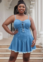 Plus Size Lace-Up Strap Denim Dress