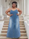 Plus Size Women Strappy Long Maxi Denim Dress