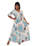 Plus Size Women V-neck Print Long Maxi Dress