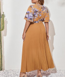 Plus size flower print pleated long dress