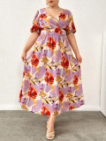  Plus size flower print v neck long dress