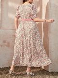 Plus size flower print square neck long dress