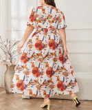 Plus size flower print v neck long dress